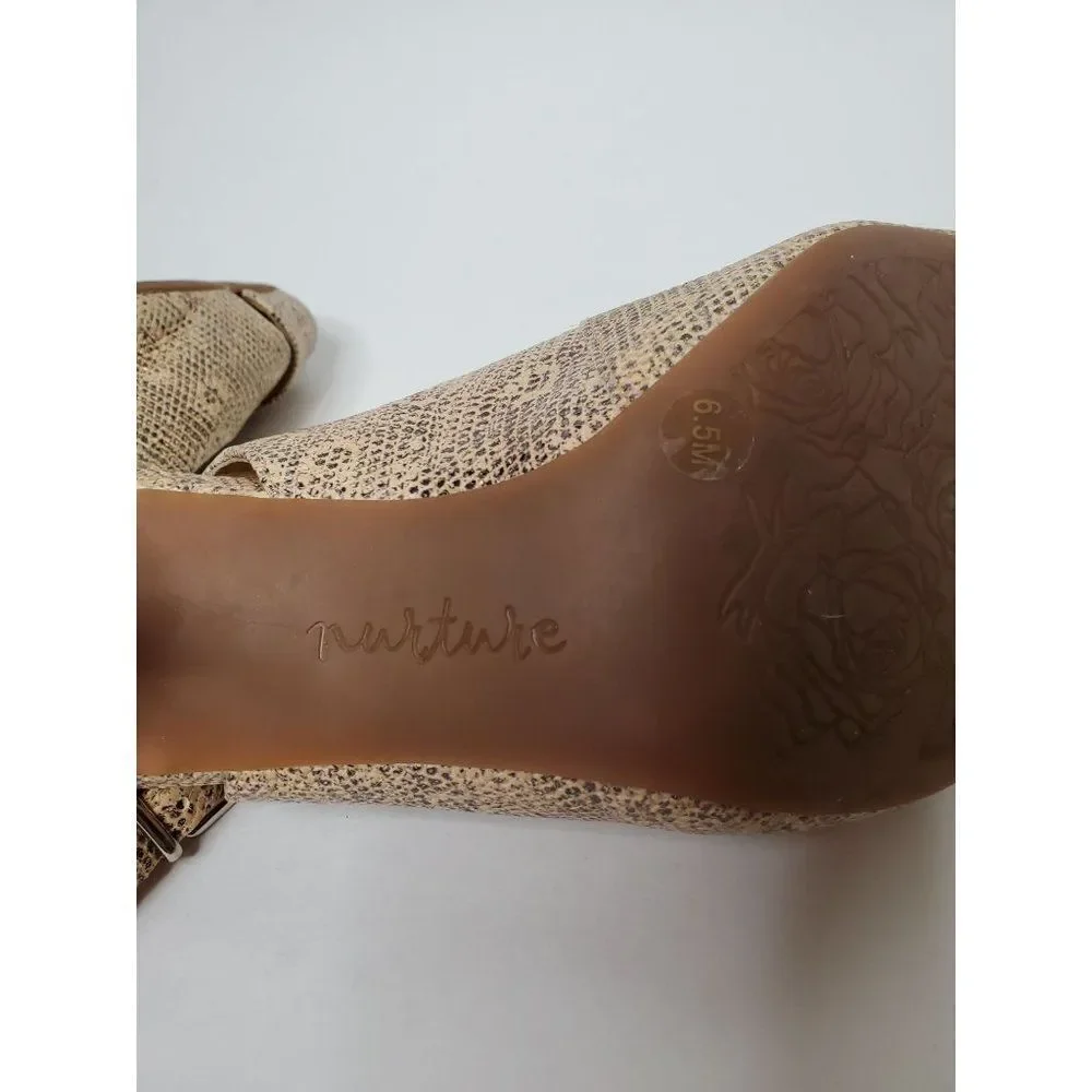 Nurture Leather Peep Toe Neutral Sparkle Snakeprint Slingback Heels